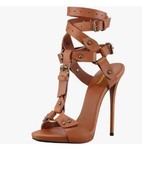Maiyang Brown Open Toe T-Strap Buckled Ankle Strap Grommets High Heels Sandals